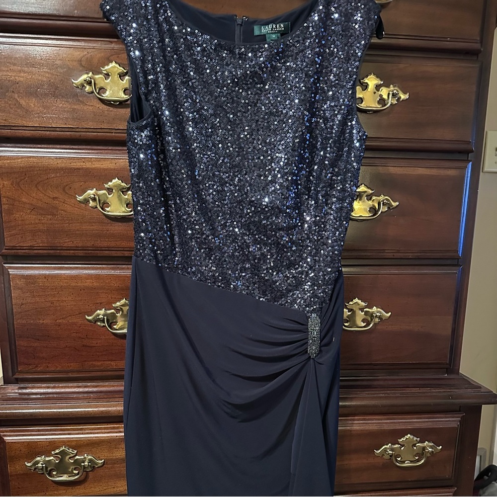 Ralph Lauren navy sequin cocktail dress.